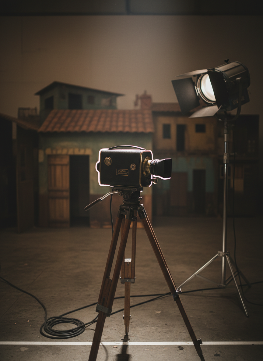A photographic realism close-up of a classic Brazilian film camera on a sturdy tripod, positioned in an empty studio reminiscent of mid-20th-century national productions. The camera body is matte black with brass details slightly worn from use, and a hand-engraved plate reads “Estúdio Nacional.” Coiled cables rest neatly at the base, next to a marked tape line on the concrete floor. In the background, slightly out of focus, stand-painted wooden set pieces suggest simple favela rooftops and a studio light with barn doors. A single overhead light creates dramatic, focused illumination on the camera, with subtle rim lighting along its edges and soft shadows behind it. The mood is reverent and professional, celebrating Brazilian filmmaking craft through clean, modern composition at a slight three-quarter angle.
