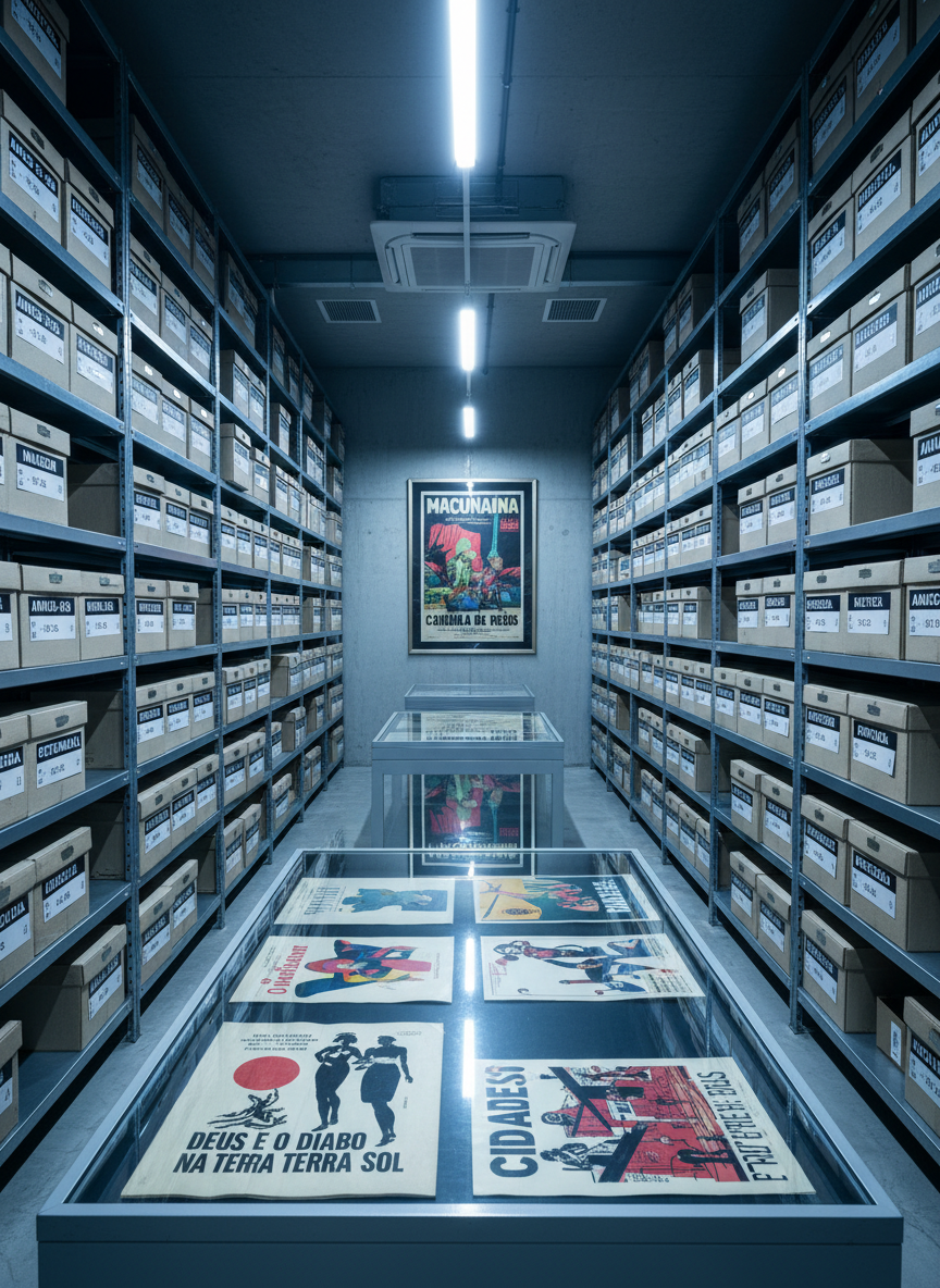 A richly detailed photographic realism image of a meticulously categorized archive of Brazilian film posters in a climate-controlled room. Tall metal shelves line both sides of a narrow aisle, each shelf filled with archival boxes labeled by decade and movement, such as “Cinema Novo” and “Retomada.” On a central display table, several posters are laid flat under a glass sheet: vibrant hand-painted artwork, bold typography in Portuguese, and distinct regional design styles. Cool, even overhead LED lighting ensures every color is accurately rendered, casting soft, minimal shadows. The composition is shot from eye level down the aisle, leading the viewer’s gaze toward a distant wall adorned with a single, framed iconic Brazilian poster. The mood is orderly, professional, and quietly celebratory of national film heritage.