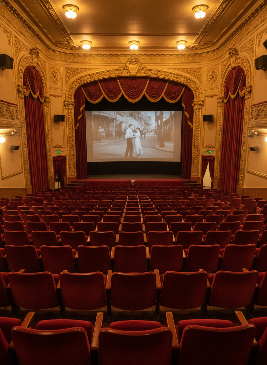 An empty, historic Brazilian movie theater interior captured in photographic realism, emphasizing architectural detail and atmosphere. Plush red velvet seats recede in perfect rows toward a large, slightly curved screen framed by ornate golden trim and deep burgundy curtains. Soft, dimmed ceiling lights cast a warm, amber glow, creating gentle reflections on the glossy wooden armrests and subtle shadows in the aisles. The screen displays a faint, monochrome still frame of a vintage Brazilian film, adding nostalgic texture without dominating the scene. Shot from a slightly elevated central aisle perspective with sharp focus throughout, the composition conveys a reverent, contemplative mood, inviting the viewer to imagine decades of cinematic memories preserved in this grand, silent space.