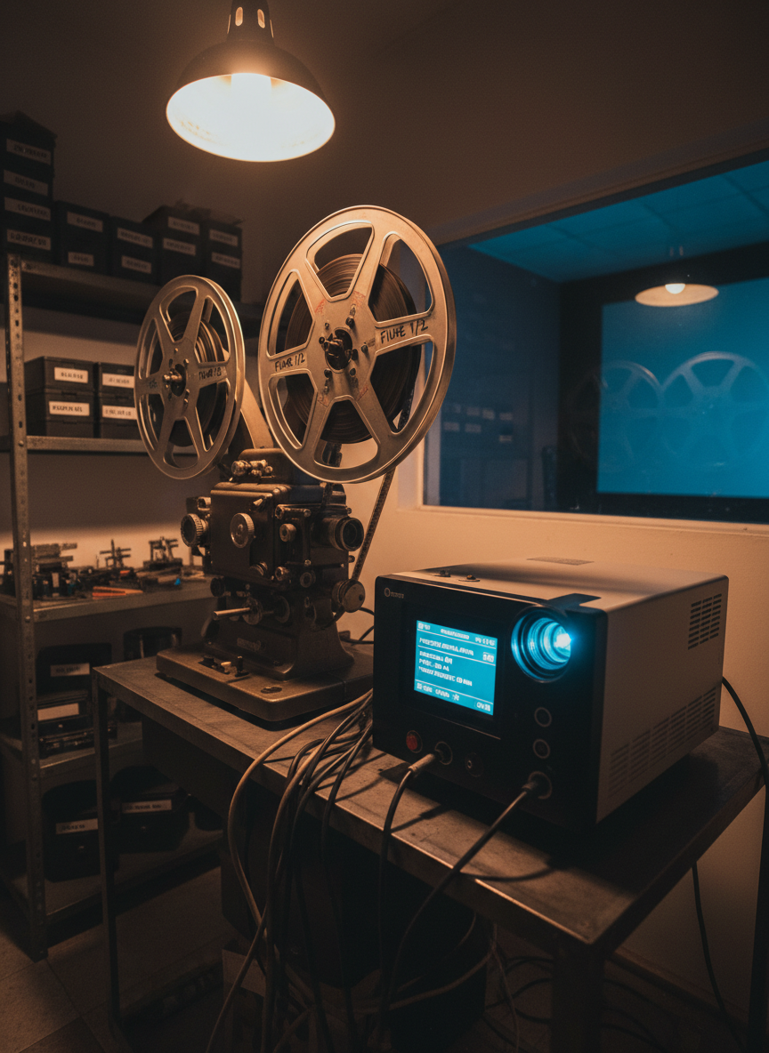 A photographic realism scene inside a small, independent Brazilian projection booth overlooking a silent auditorium. In the foreground, an old yet well-maintained 35mm projector sits on a metal table, its reels loaded with labeled film, gears and levers clearly visible with slight patina. Next to it, a modern digital projector glows faintly, displaying detailed status information in Portuguese on a small screen. Coiled cables, film splicers, and neatly labeled canisters occupy nearby shelves. Warm, focused overhead lighting illuminates the equipment, while faint bluish light seeps through the projection window from the auditorium screen. Shot from a low, three-quarter angle, the composition emphasizes the coexistence of analog and digital eras in Brazilian cinema, creating a thoughtful, transitional mood.